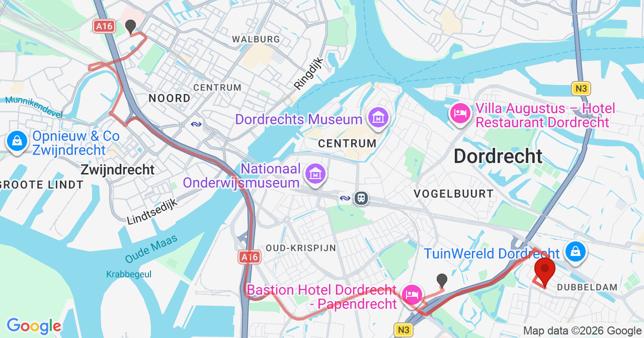 Kaart van het incident in Dordrecht met de aanrijroutes van de gealarmeerde eenheden