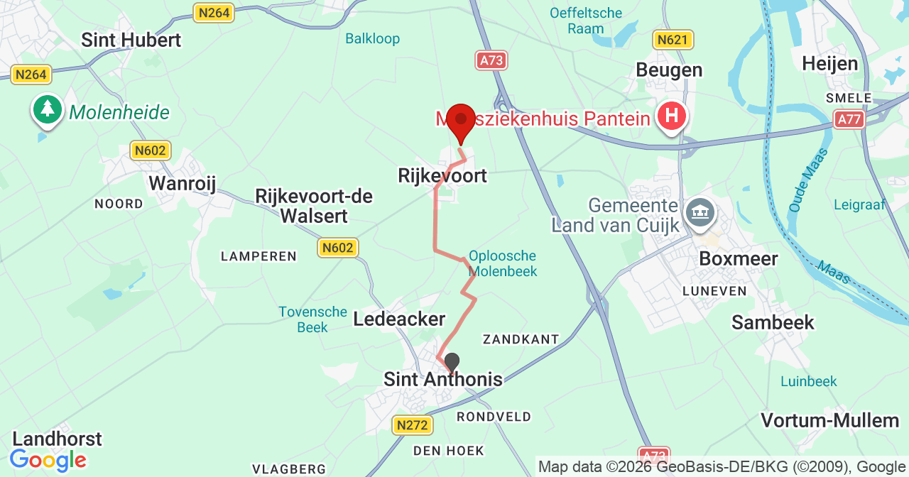 Kaart van het incident in Rijkevoort met de aanrijroutes van de gealarmeerde eenheden