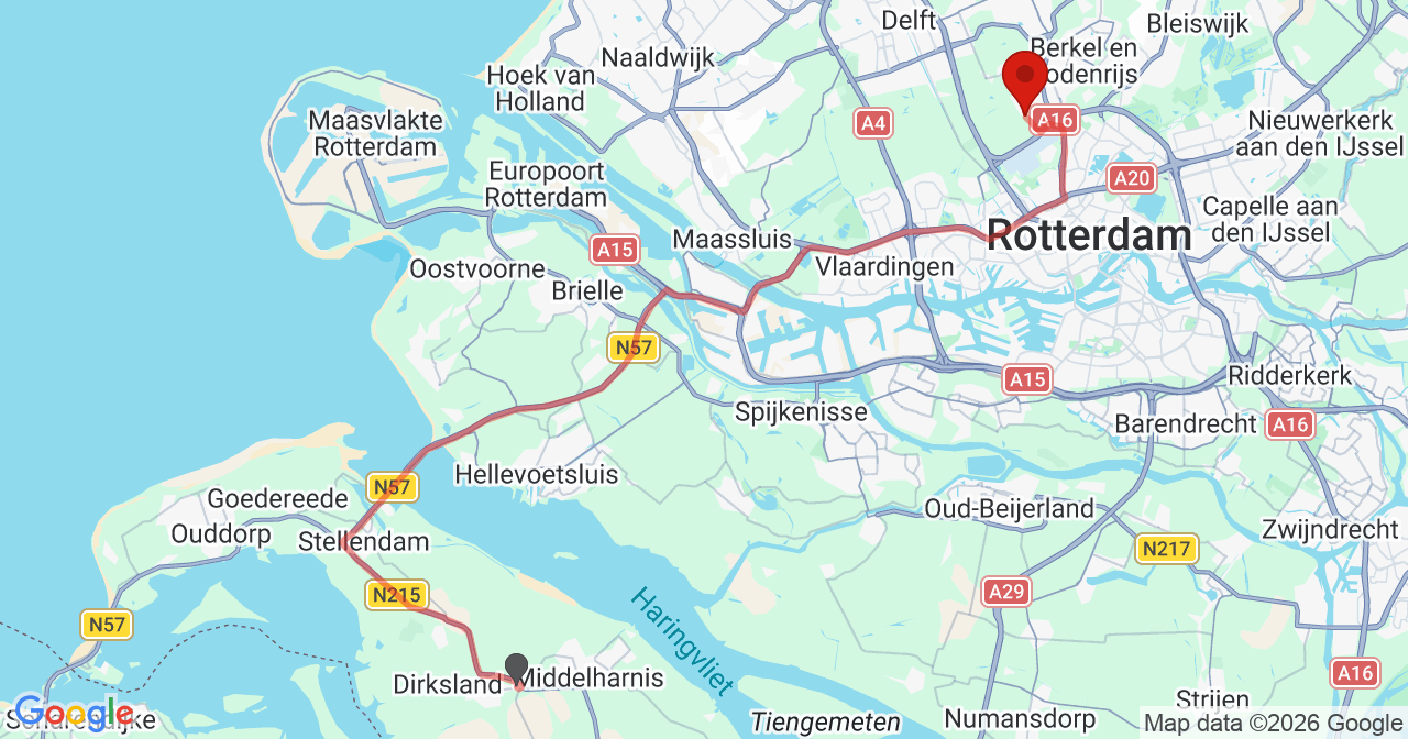 Kaart van het incident in Rotterdam met de aanrijroutes van de gealarmeerde eenheden