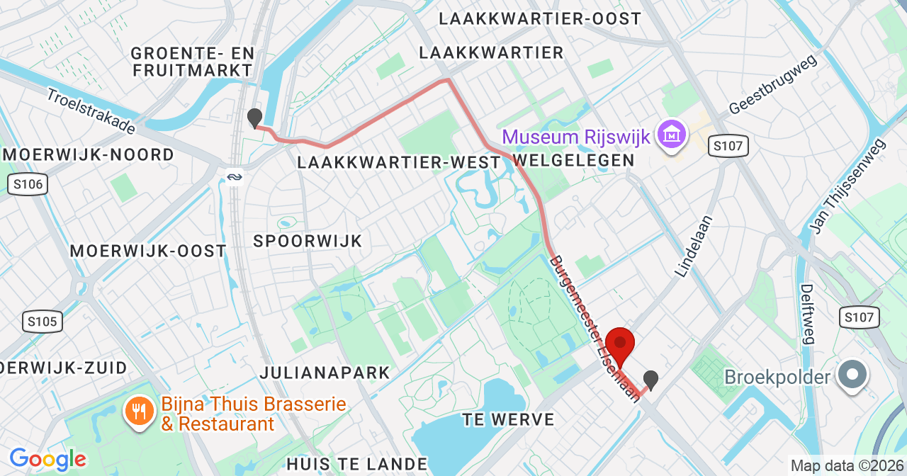 Kaart van het incident in Rijswijk ZH met de aanrijroutes van de gealarmeerde eenheden