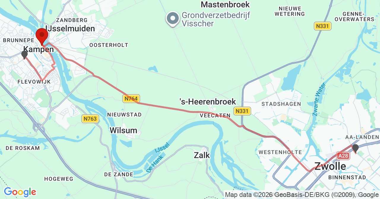 Kaart van het incident in Kampen met de aanrijroutes van de gealarmeerde eenheden