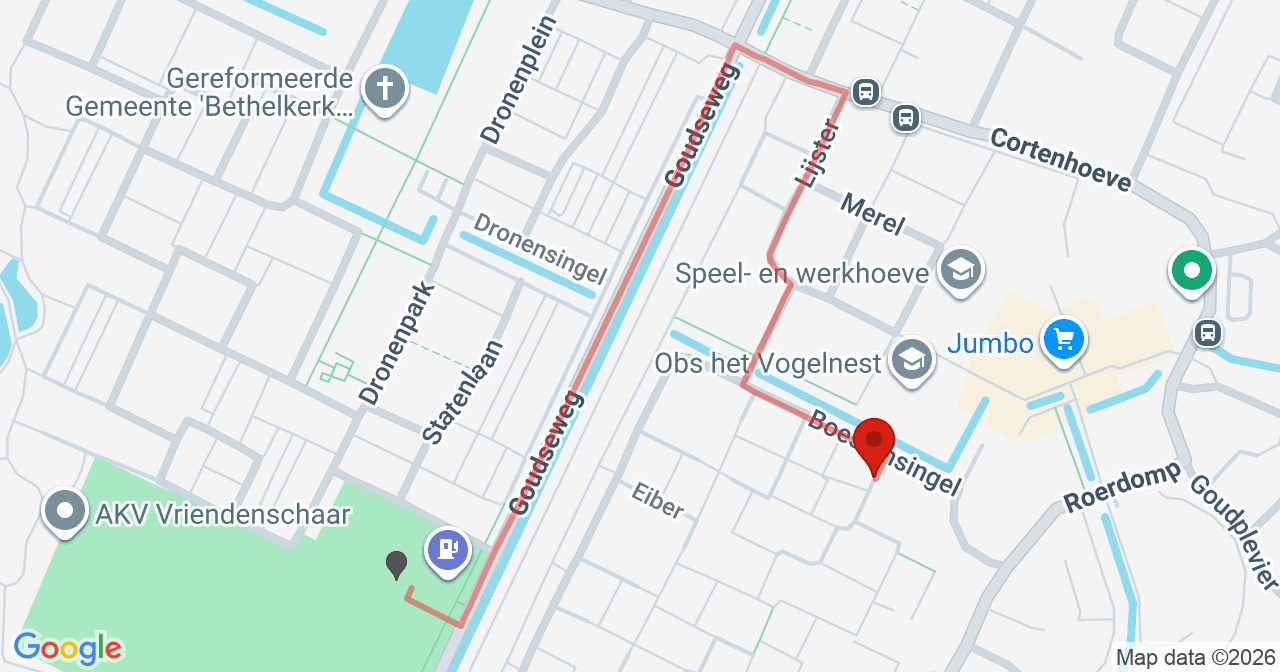 Kaart van het incident in Bodegraven met de aanrijroutes van de gealarmeerde eenheden