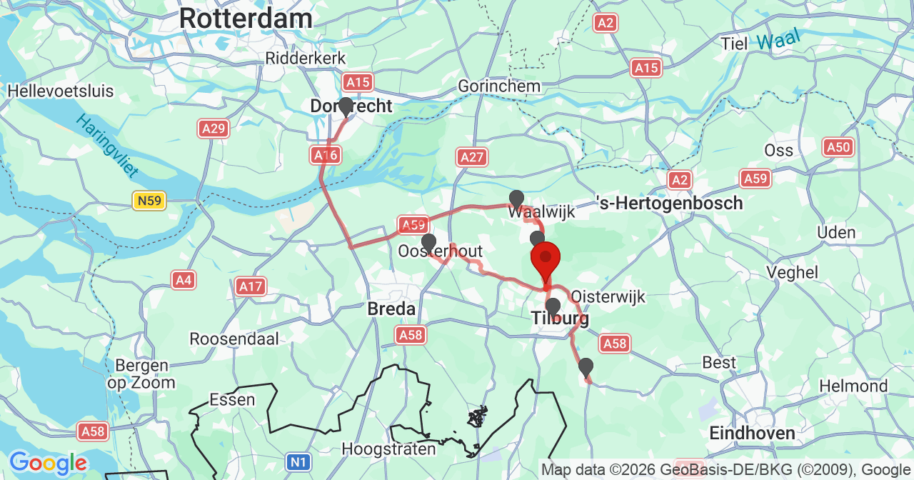 Kaart van het incident in Tilburg met de aanrijroutes van de gealarmeerde eenheden