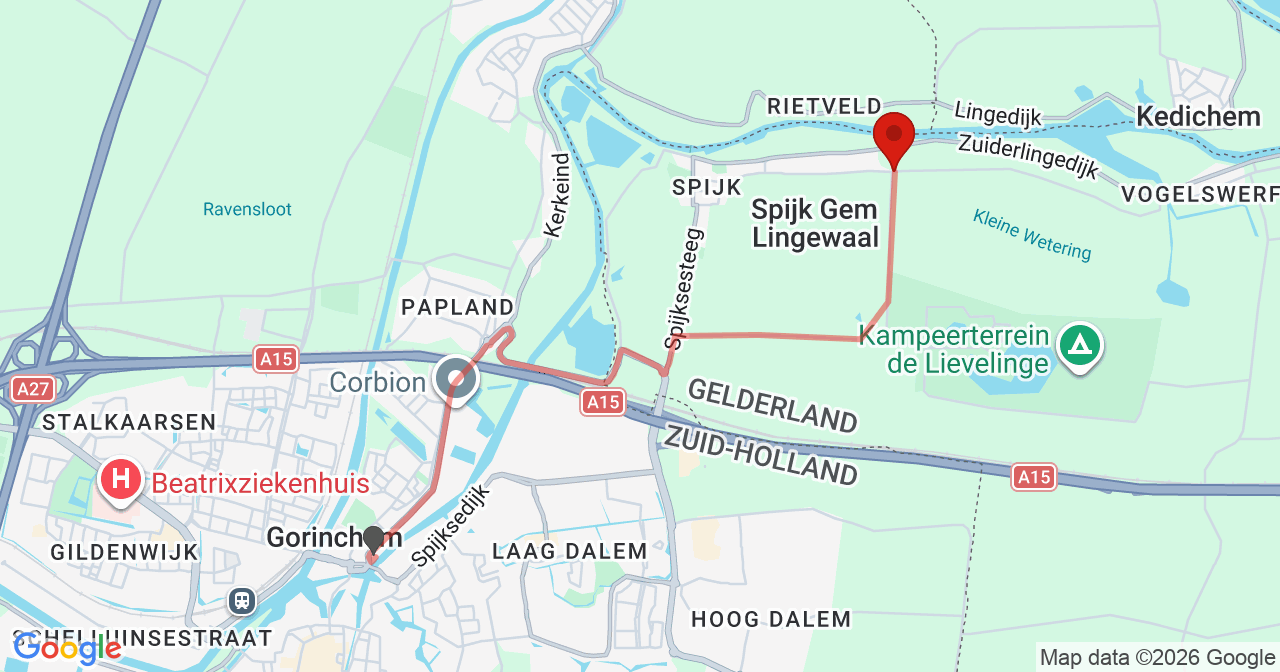 Kaart van het incident in Spijk met de aanrijroutes van de gealarmeerde eenheden