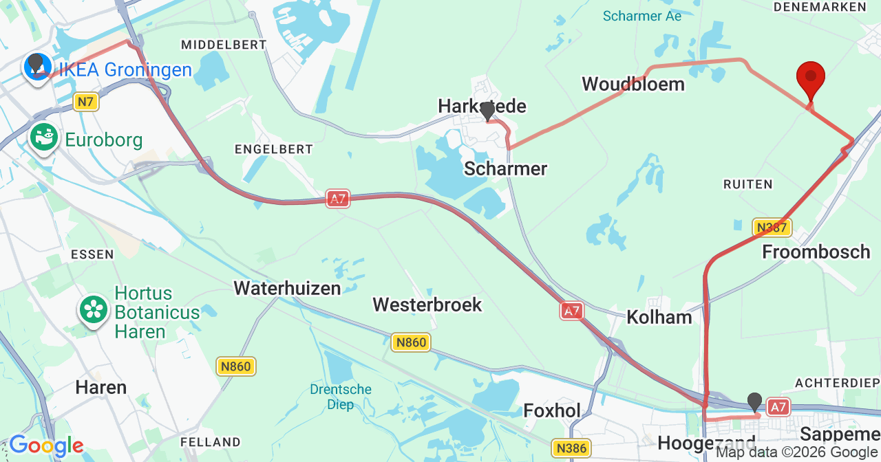 Kaart van het incident in Slochteren met de aanrijroutes van de gealarmeerde eenheden