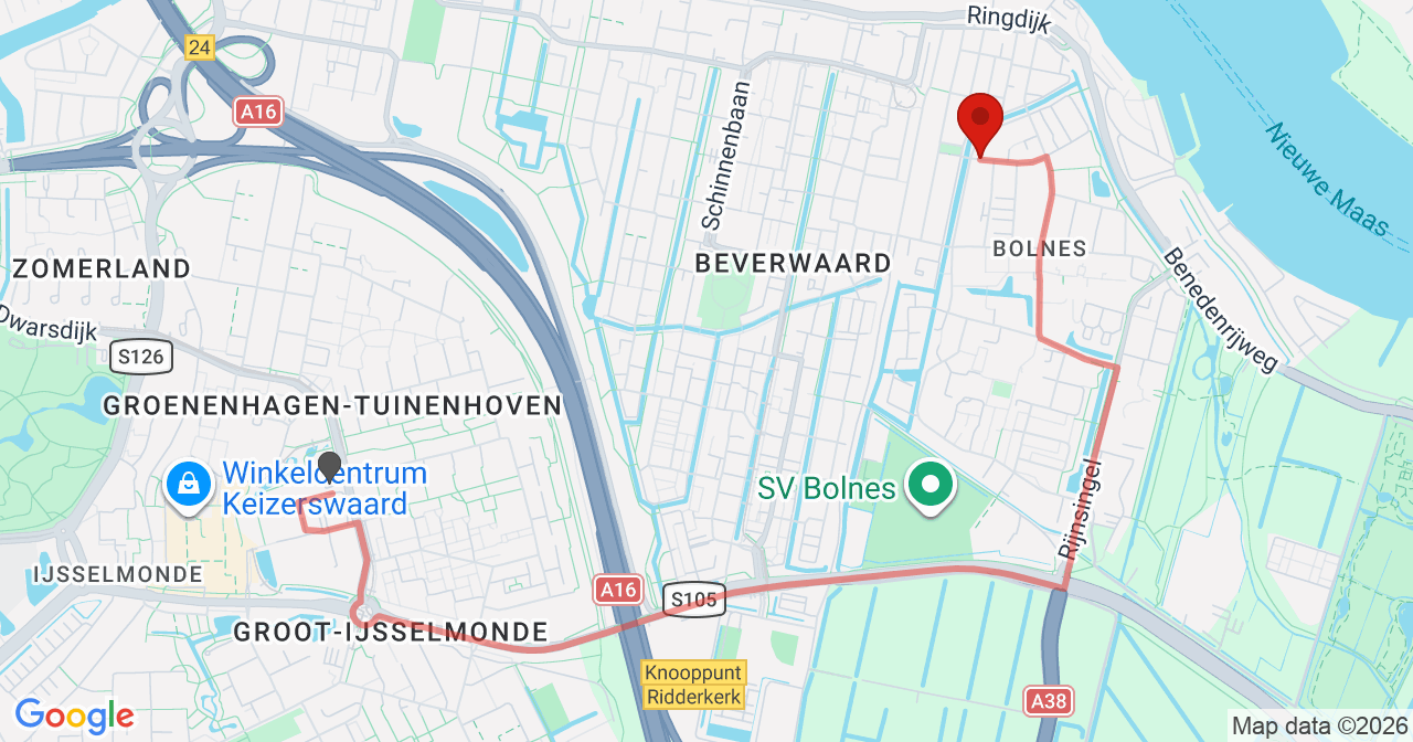 Kaart van het incident in Ridderkerk met de aanrijroutes van de gealarmeerde eenheden