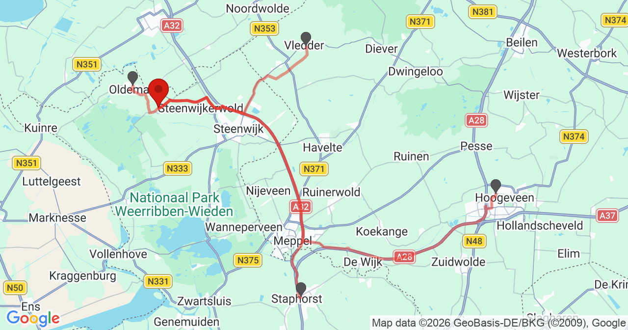 Kaart van het incident in Paasloo met de aanrijroutes van de gealarmeerde eenheden