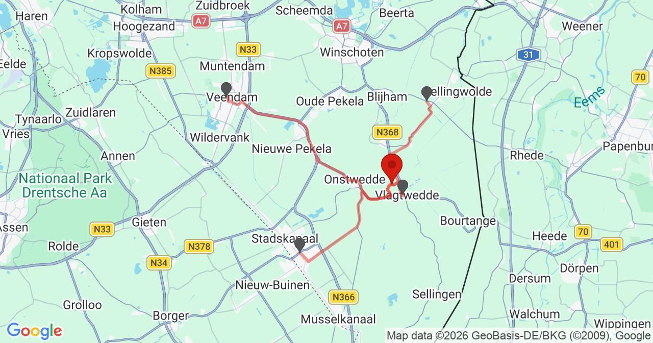 Kaart van het incident in Vlagtwedde met de aanrijroutes van de gealarmeerde eenheden