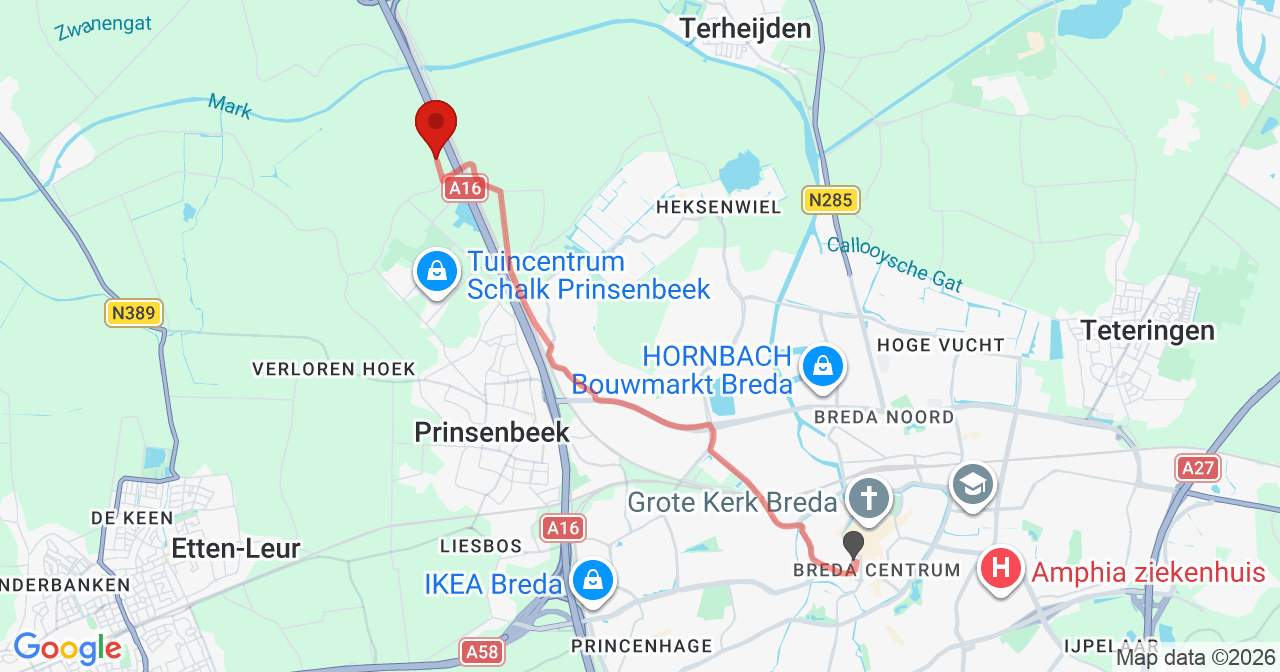 Kaart van het incident in Prinsenbeek met de aanrijroutes van de gealarmeerde eenheden