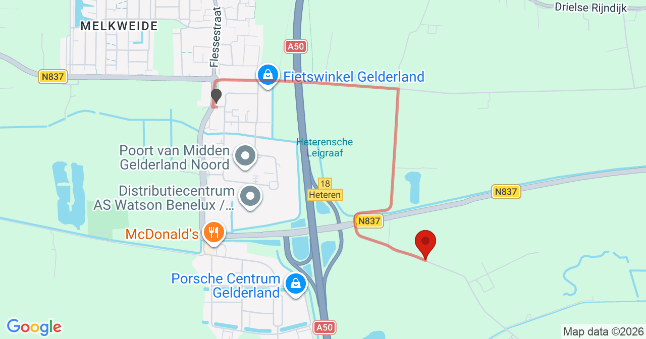 Kaart van het incident in Heteren met de aanrijroutes van de gealarmeerde eenheden