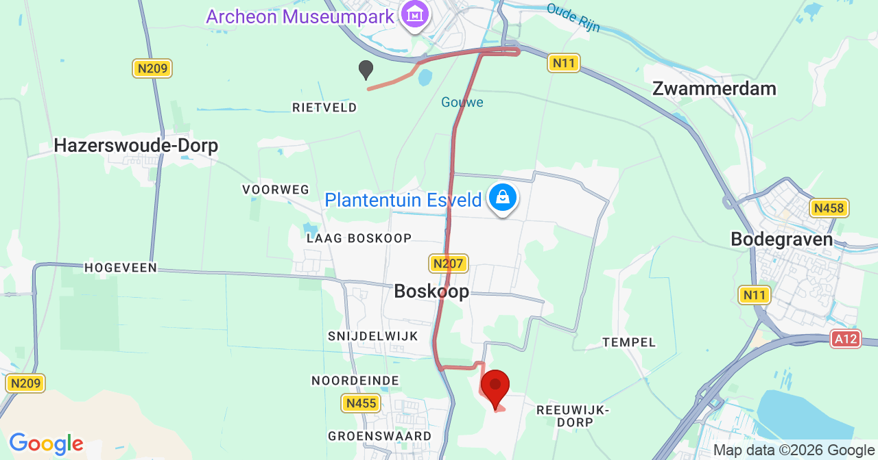Kaart van het incident in Reeuwijk met de aanrijroutes van de gealarmeerde eenheden