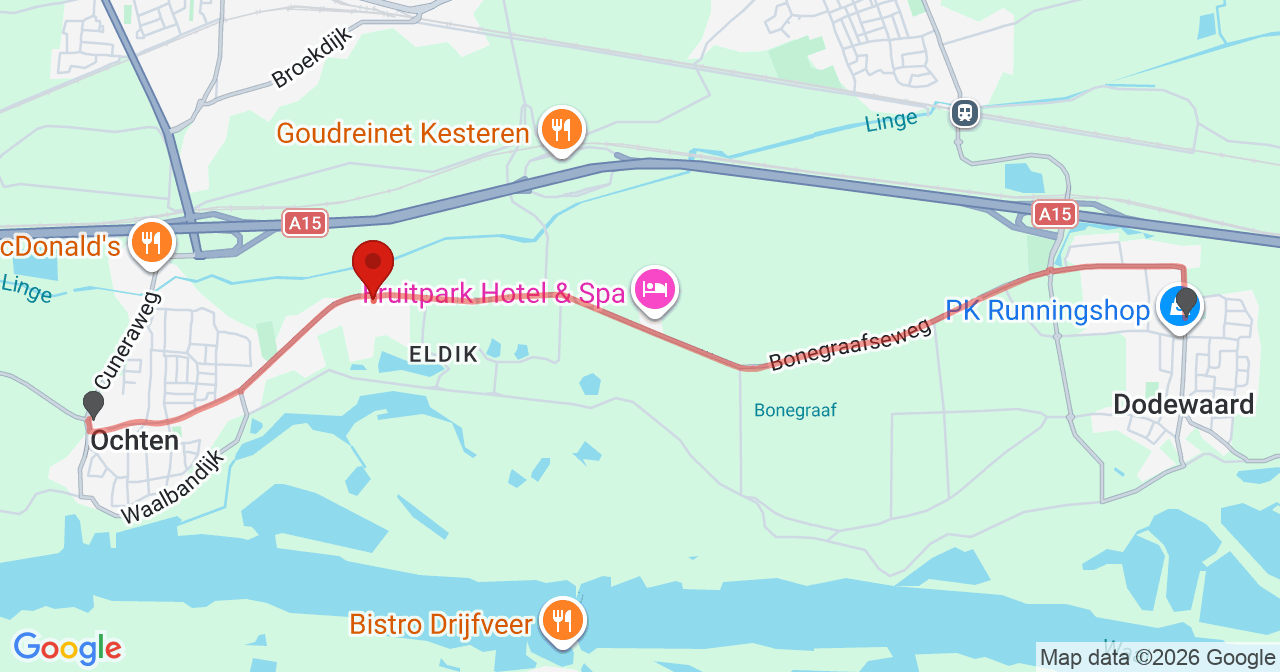 Kaart van het incident in Ochten met de aanrijroutes van de gealarmeerde eenheden