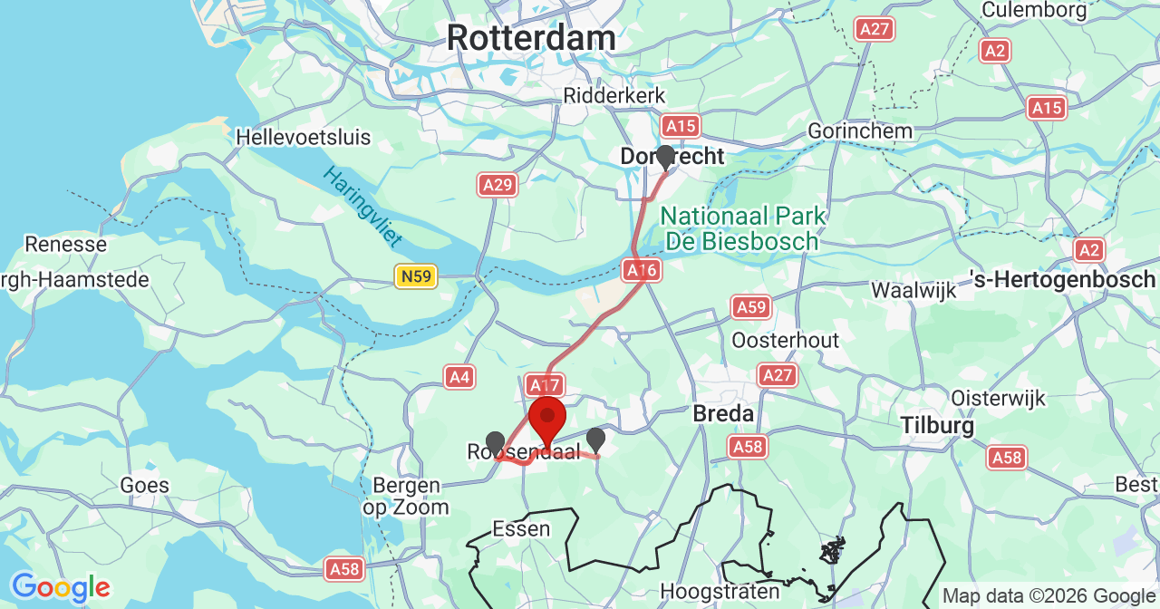 Kaart van het incident in Roosendaal met de aanrijroutes van de gealarmeerde eenheden