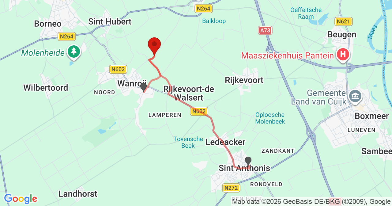 Kaart van het incident in Wanroij met de aanrijroutes van de gealarmeerde eenheden