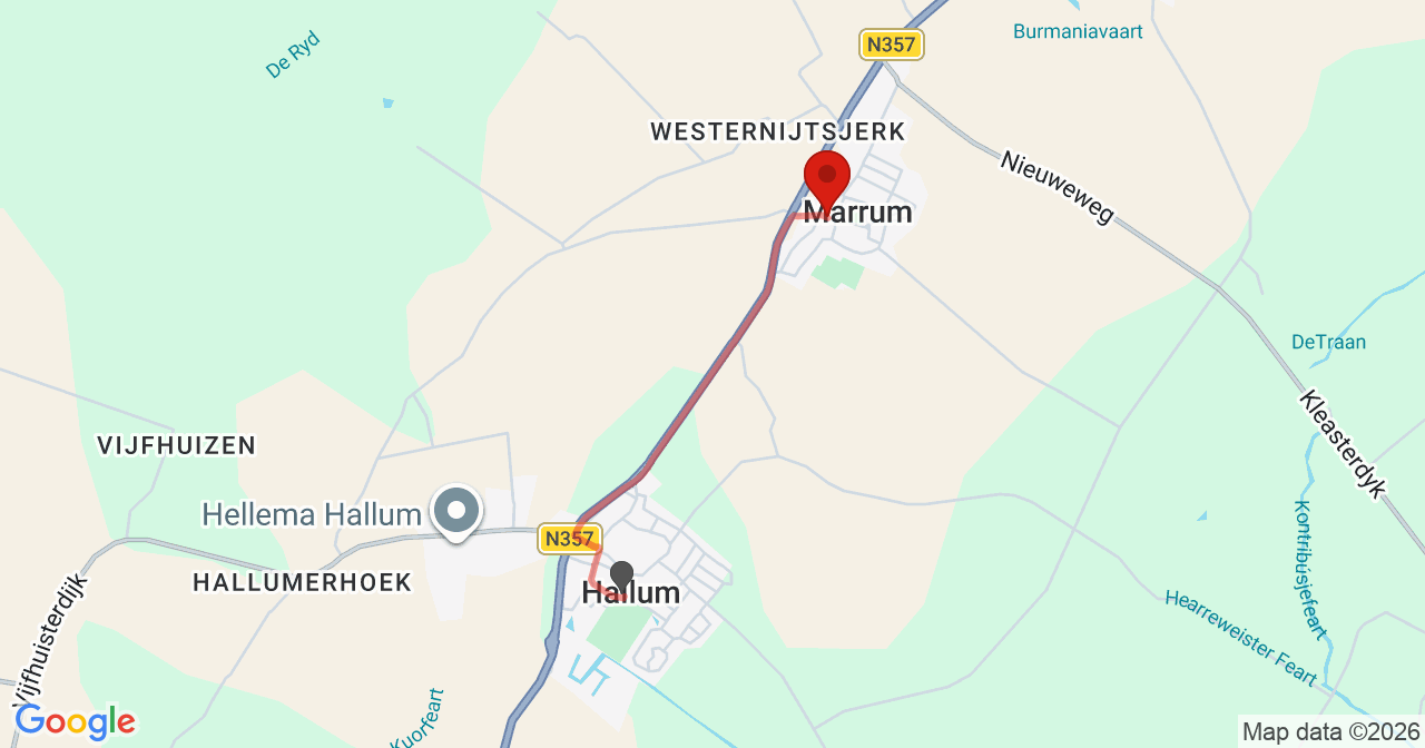 Kaart van het incident in Marrum met de aanrijroutes van de gealarmeerde eenheden