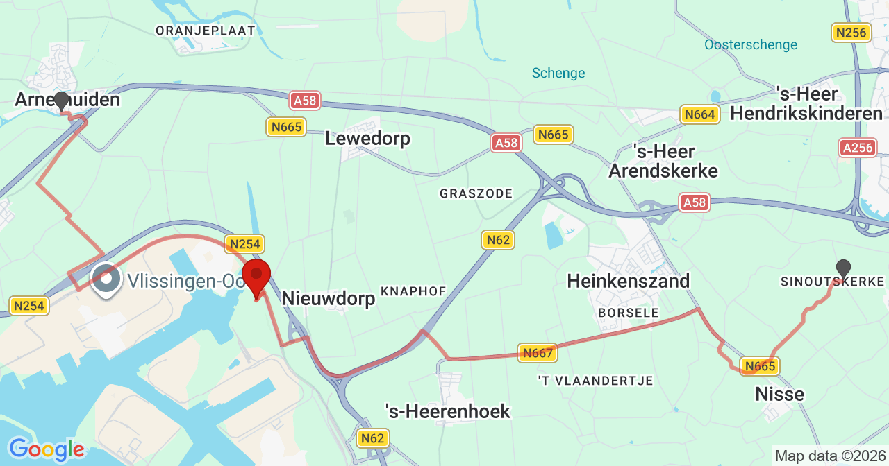 Kaart van het incident in Nieuwdorp met de aanrijroutes van de gealarmeerde eenheden