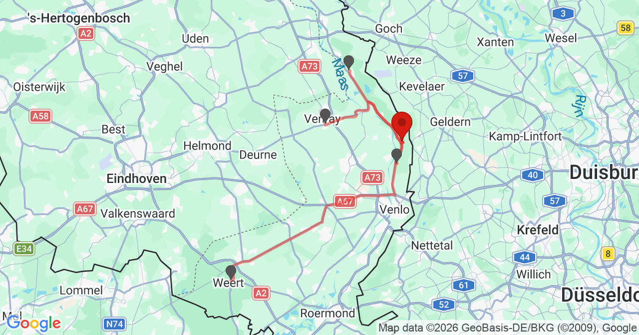 Kaart van het incident in Arcen met de aanrijroutes van de gealarmeerde eenheden