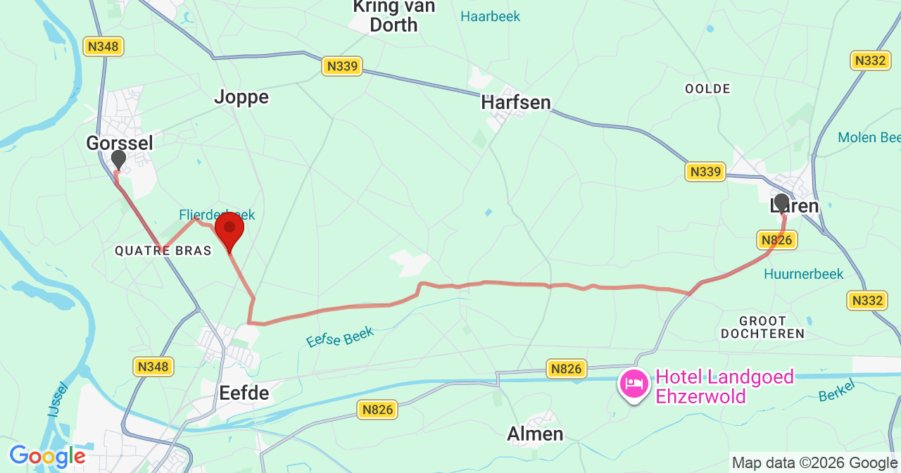 Kaart van het incident in Eefde met de aanrijroutes van de gealarmeerde eenheden