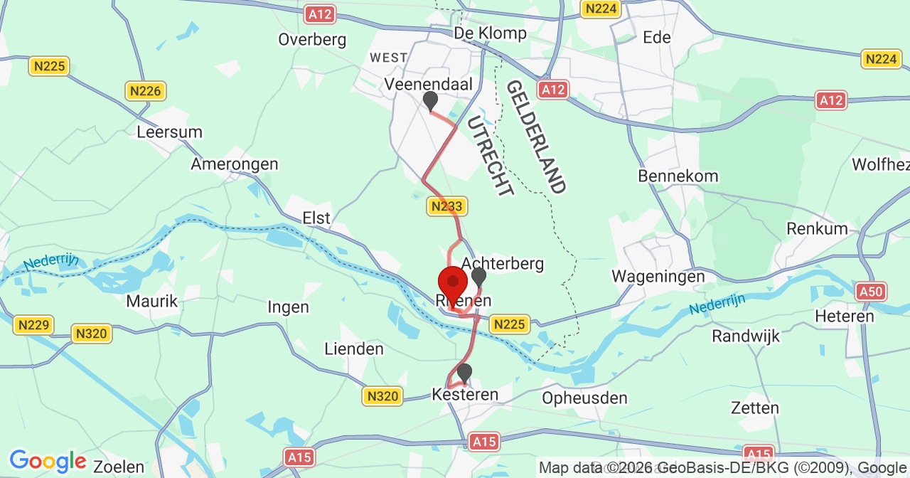 Kaart van het incident in Rhenen met de aanrijroutes van de gealarmeerde eenheden