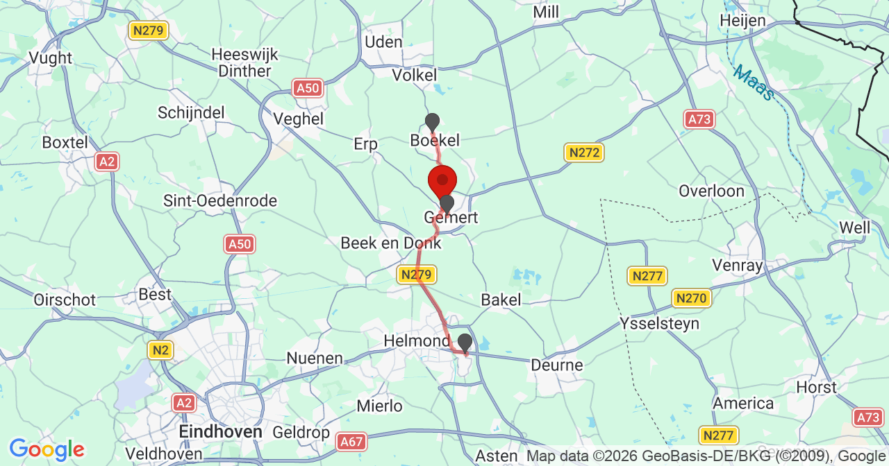 Kaart van het incident in Gemert met de aanrijroutes van de gealarmeerde eenheden