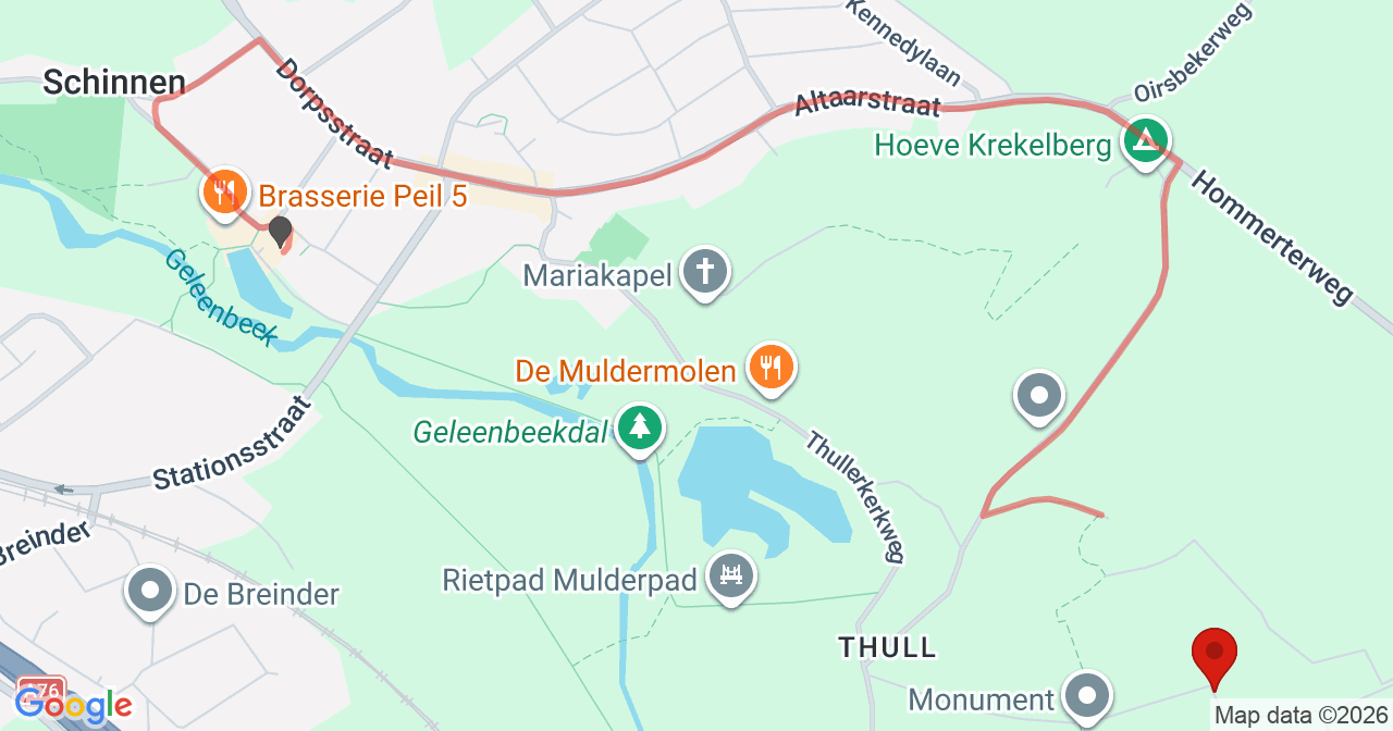 Kaart van het incident in Schinnen met de aanrijroutes van de gealarmeerde eenheden