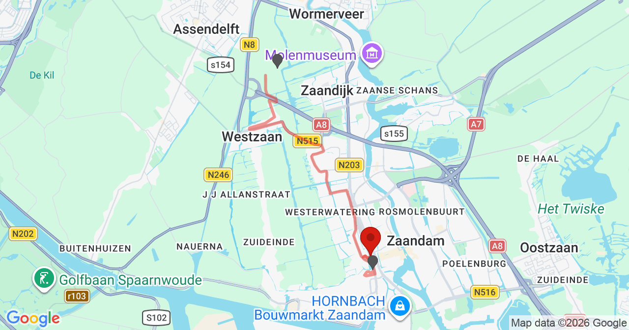 Kaart van het incident in Zaandam met de aanrijroutes van de gealarmeerde eenheden