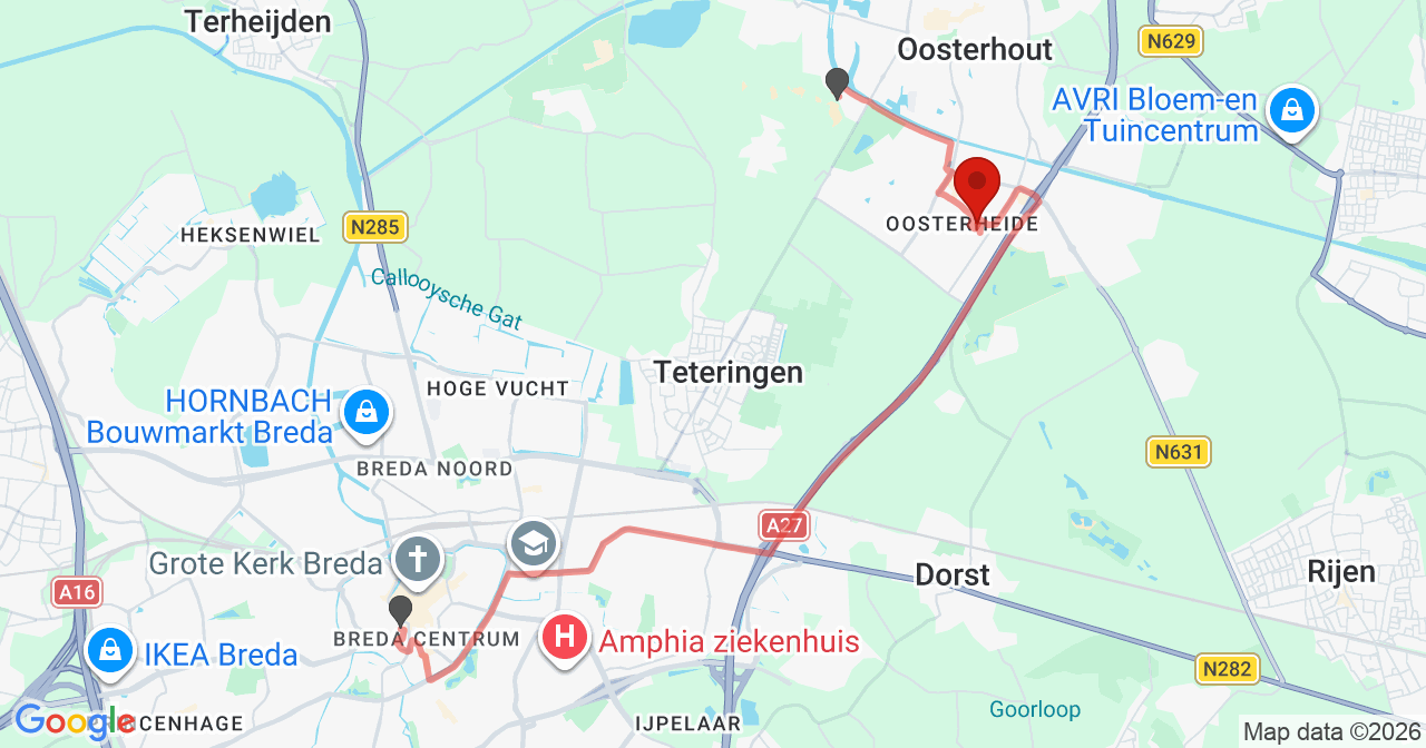Kaart van het incident in Oosterhout NB met de aanrijroutes van de gealarmeerde eenheden