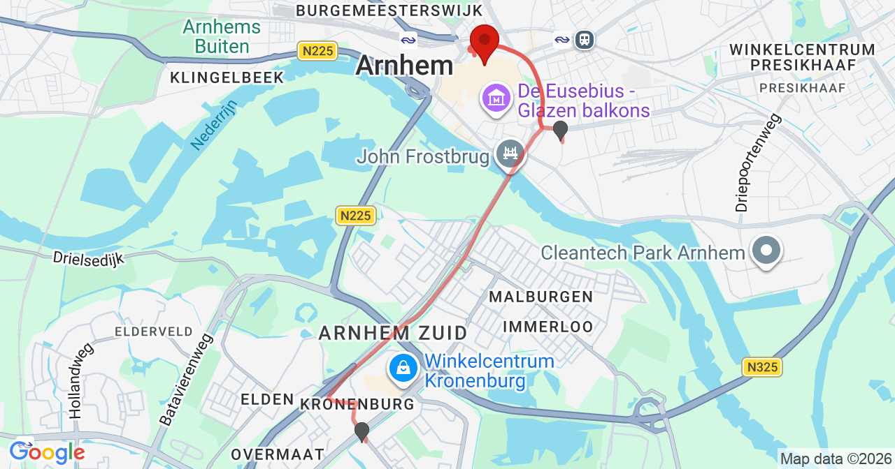 Kaart van het incident in Arnhem met de aanrijroutes van de gealarmeerde eenheden