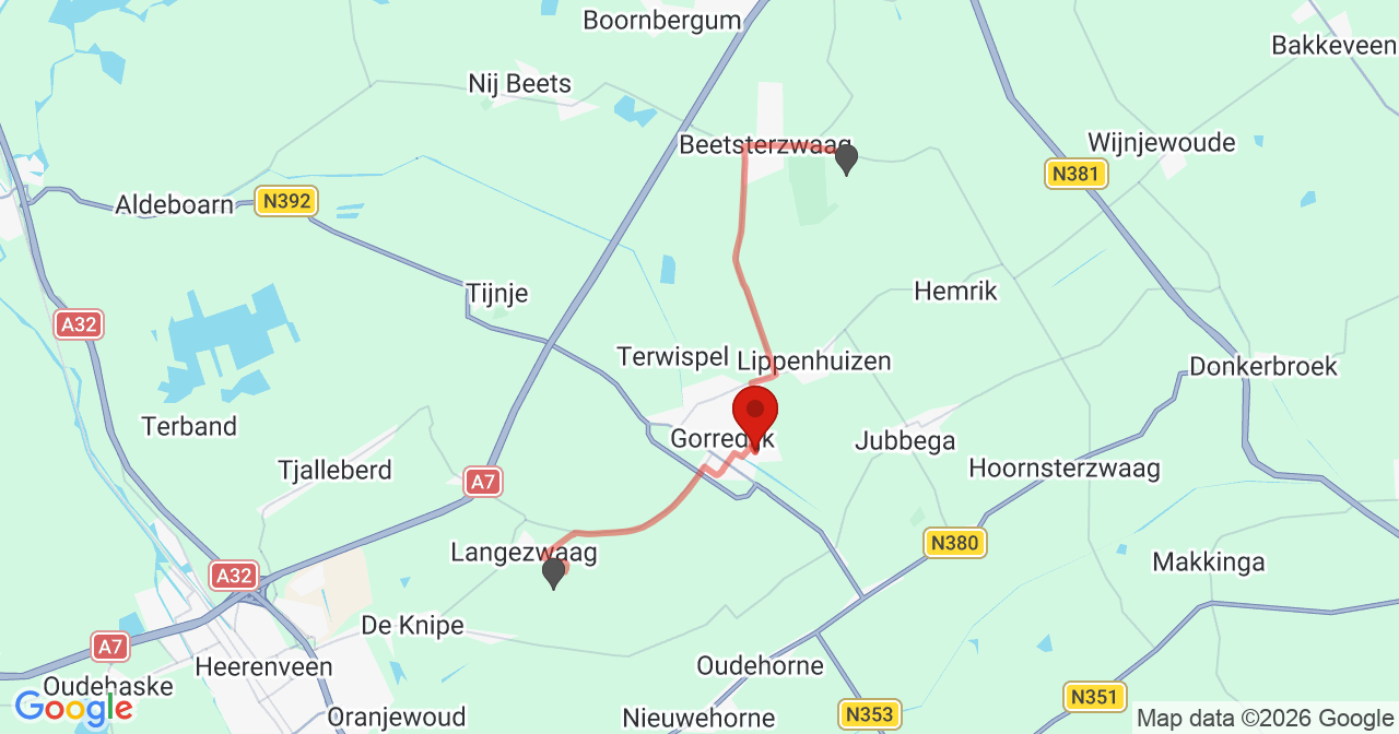 Kaart van het incident in Gorredijk met de aanrijroutes van de gealarmeerde eenheden