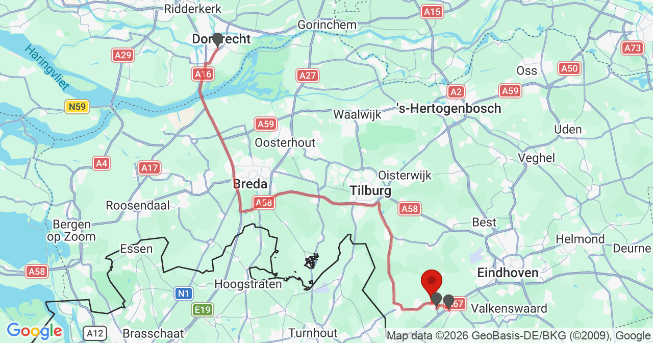 Kaart van het incident in Hapert met de aanrijroutes van de gealarmeerde eenheden