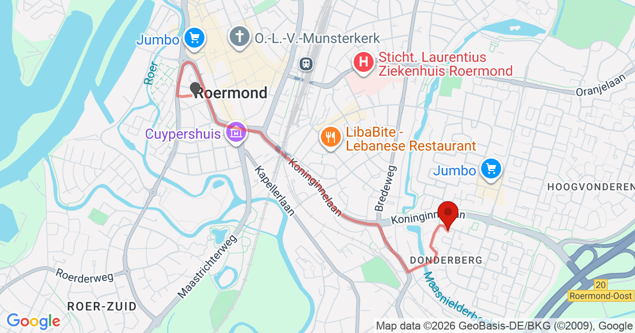 Kaart van het incident in Roermond met de aanrijroutes van de gealarmeerde eenheden