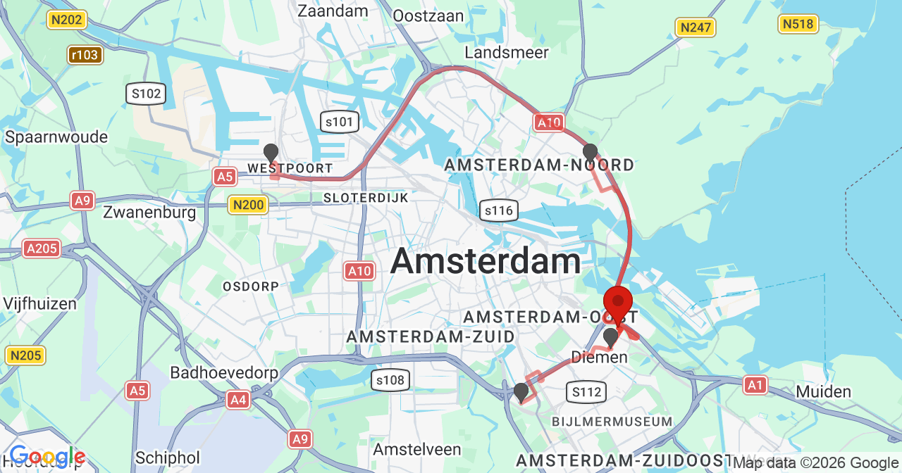 Kaart van het incident in Diemen met de aanrijroutes van de gealarmeerde eenheden