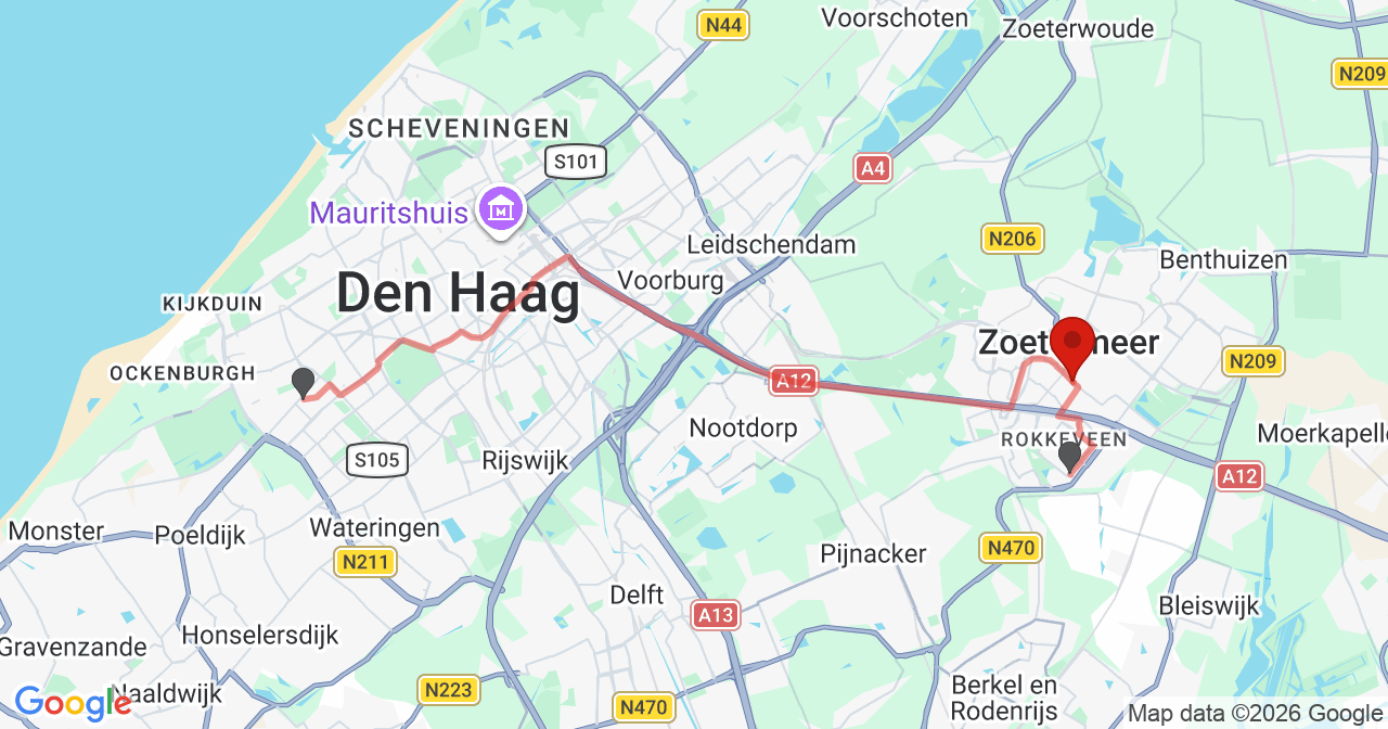 Kaart van het incident in Zoetermeer met de aanrijroutes van de gealarmeerde eenheden