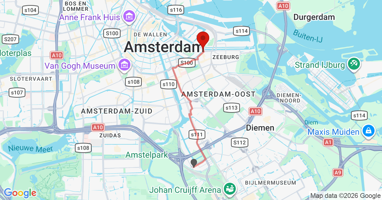 Kaart van het incident in Amsterdam met de aanrijroutes van de gealarmeerde eenheden
