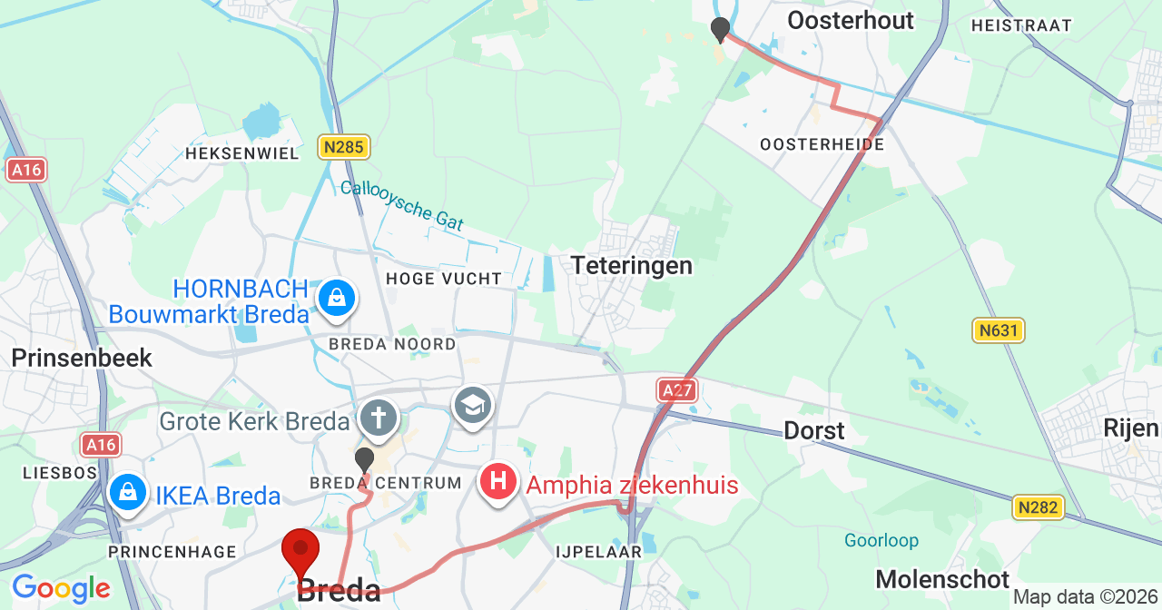 Kaart van het incident in Breda met de aanrijroutes van de gealarmeerde eenheden