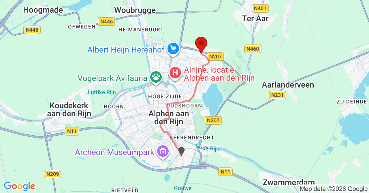 Kaart van het incident in Alphen aan den Rijn met de aanrijroutes van de gealarmeerde eenheden