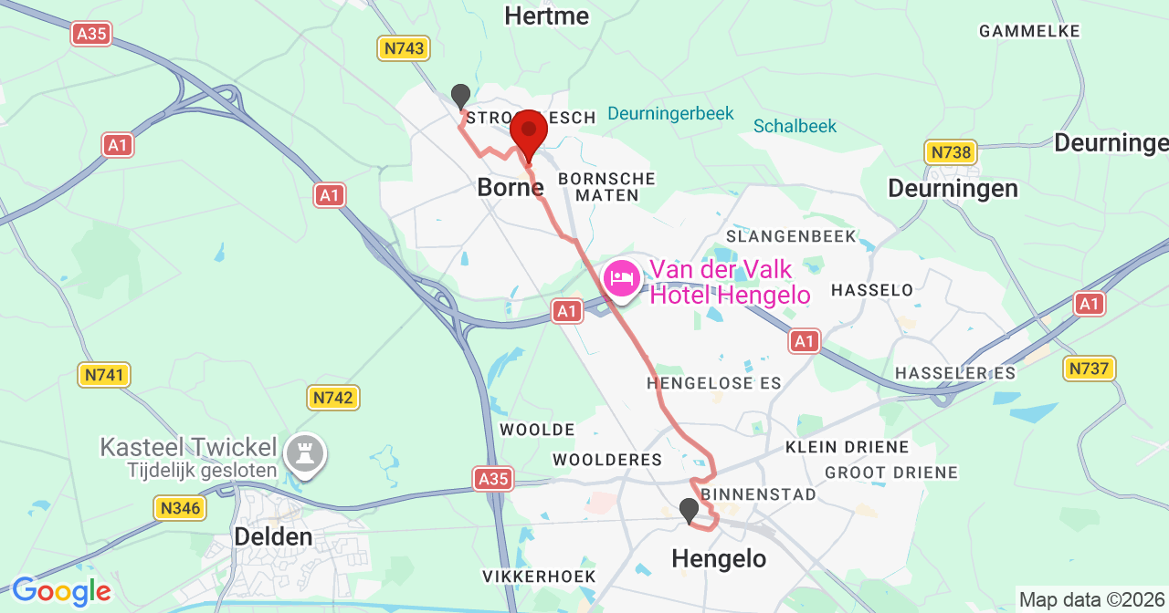 Kaart van het incident in Borne met de aanrijroutes van de gealarmeerde eenheden