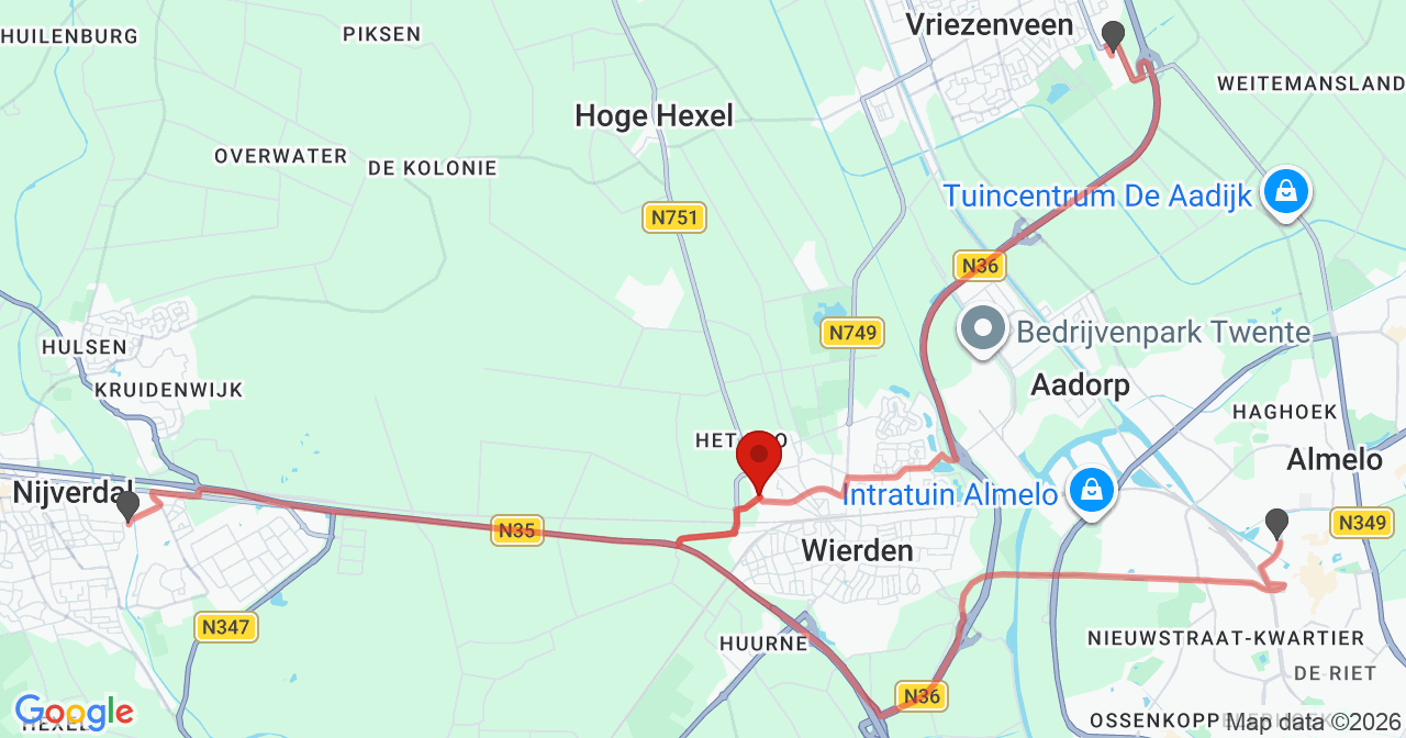 Kaart van het incident in Wierden met de aanrijroutes van de gealarmeerde eenheden