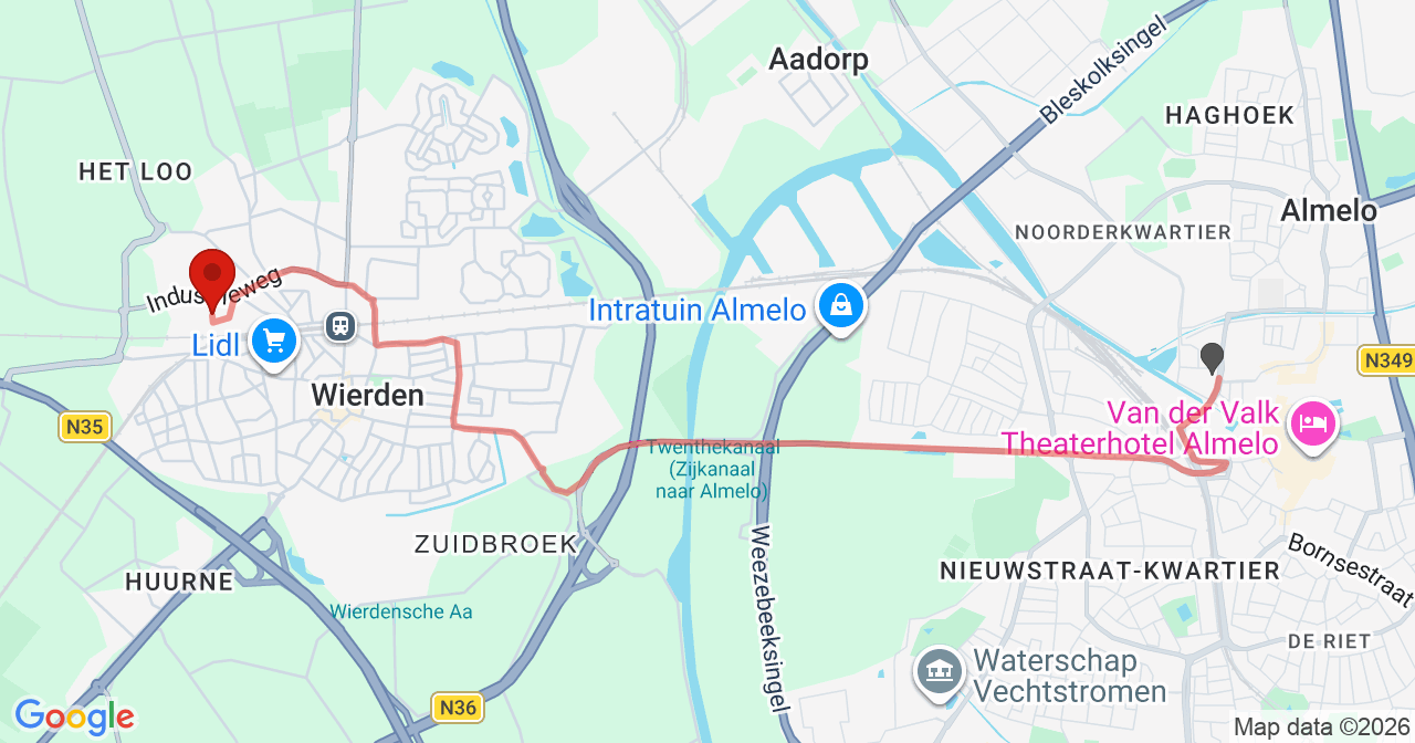Kaart van het incident in Wierden met de aanrijroutes van de gealarmeerde eenheden
