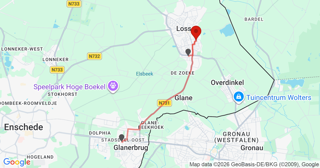Kaart van het incident in Losser met de aanrijroutes van de gealarmeerde eenheden