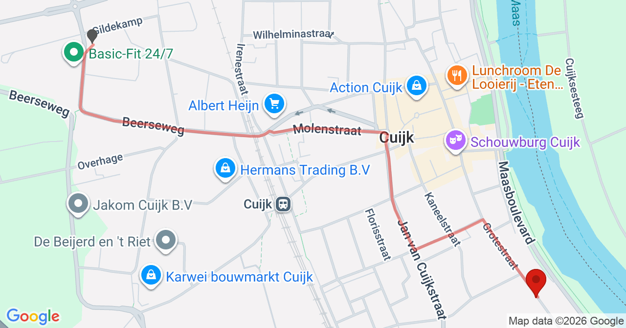 Kaart van het incident in Cuijk met de aanrijroutes van de gealarmeerde eenheden