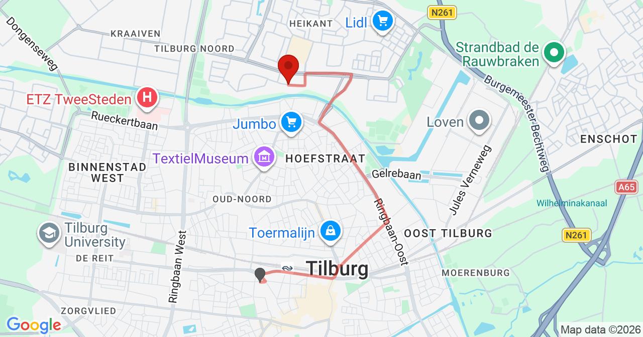 Kaart van het incident in Tilburg met de aanrijroutes van de gealarmeerde eenheden