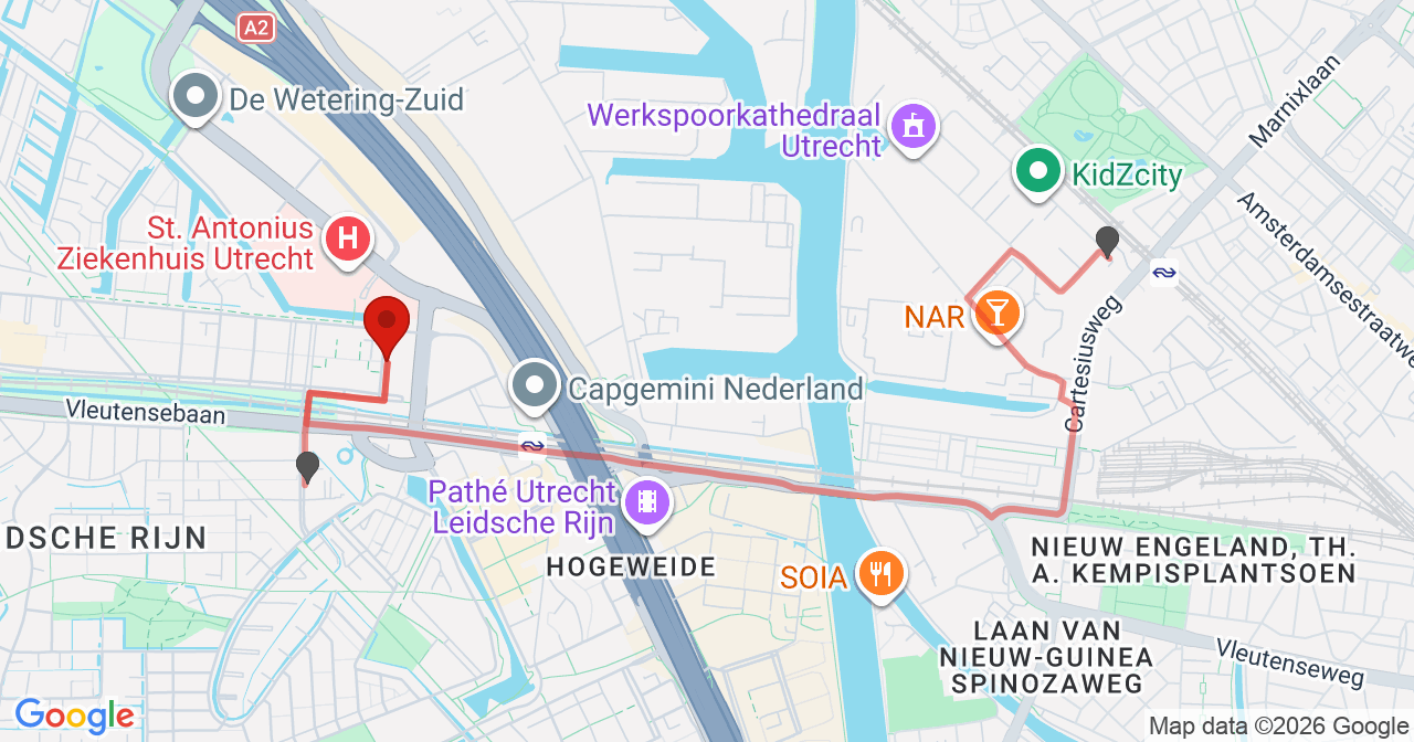 Kaart van het incident in Utrecht met de aanrijroutes van de gealarmeerde eenheden