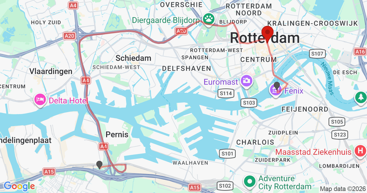 Kaart van het incident in Rotterdam met de aanrijroutes van de gealarmeerde eenheden