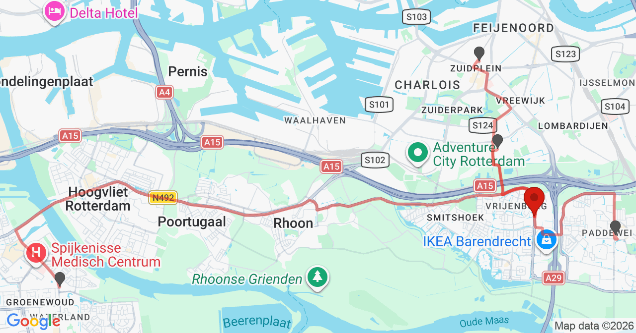 Kaart van het incident in Barendrecht met de aanrijroutes van de gealarmeerde eenheden