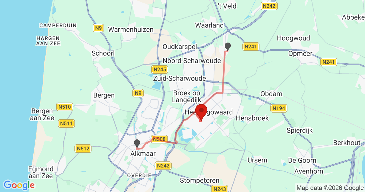 Kaart van het incident in Heerhugowaard met de aanrijroutes van de gealarmeerde eenheden