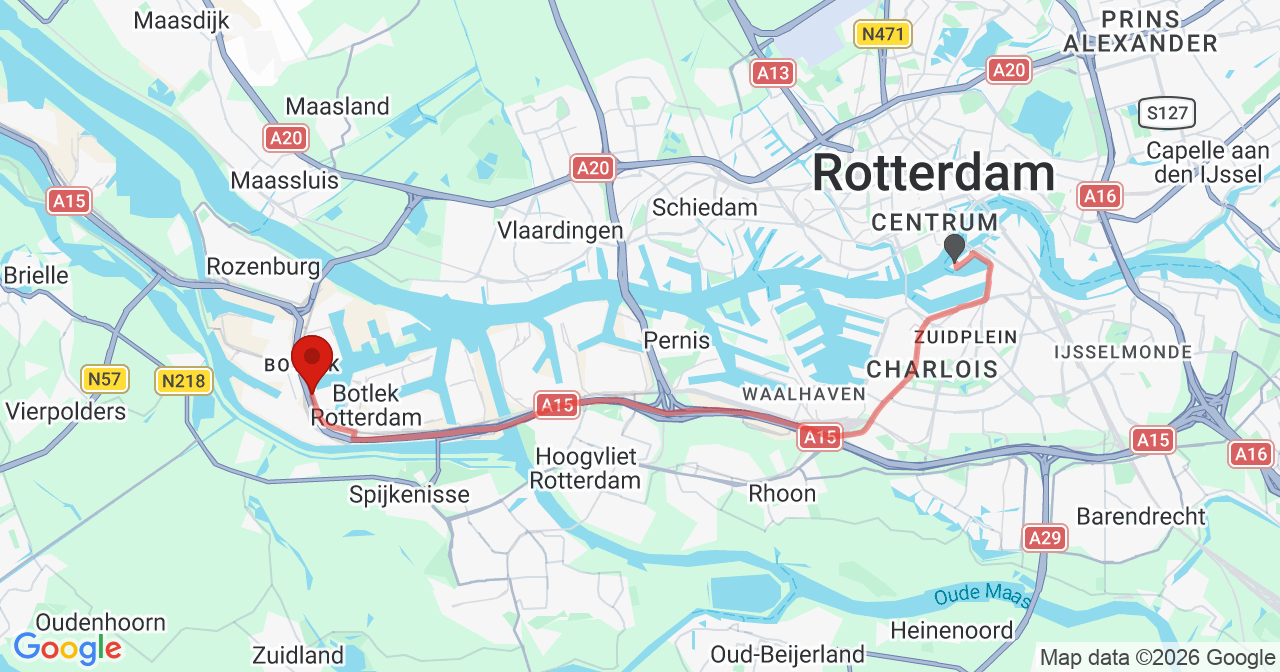Kaart van het incident in Botlek Rotterdam met de aanrijroutes van de gealarmeerde eenheden