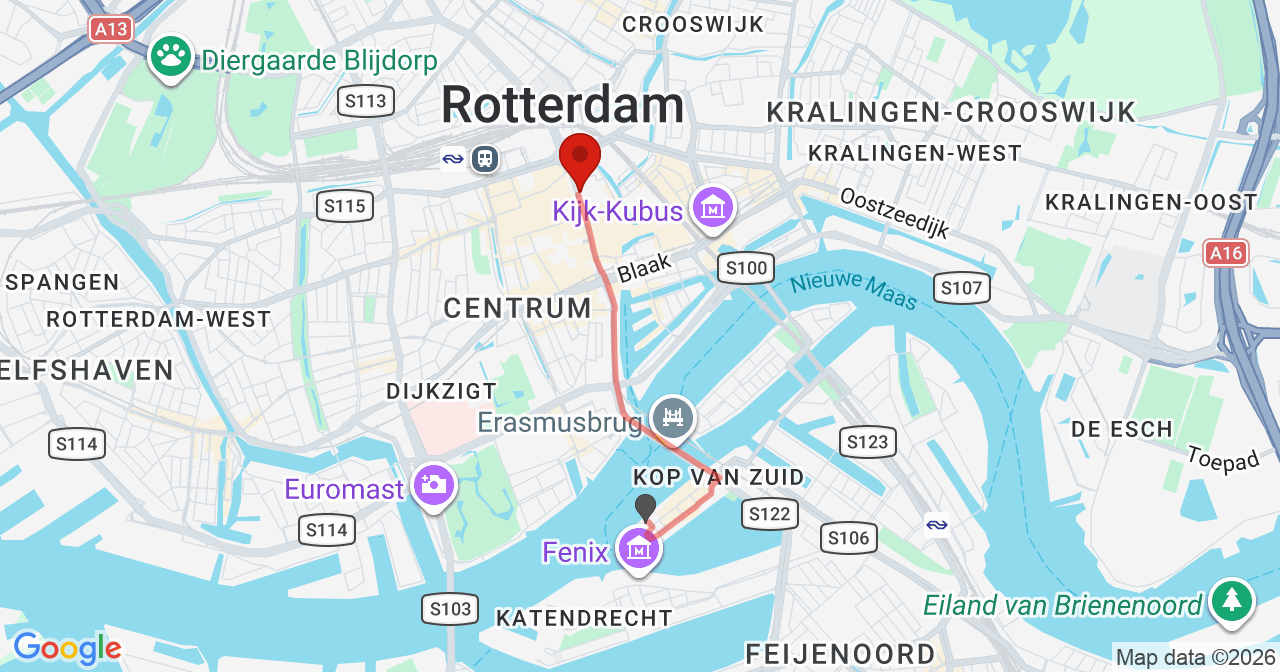 Kaart van het incident in Rotterdam met de aanrijroutes van de gealarmeerde eenheden