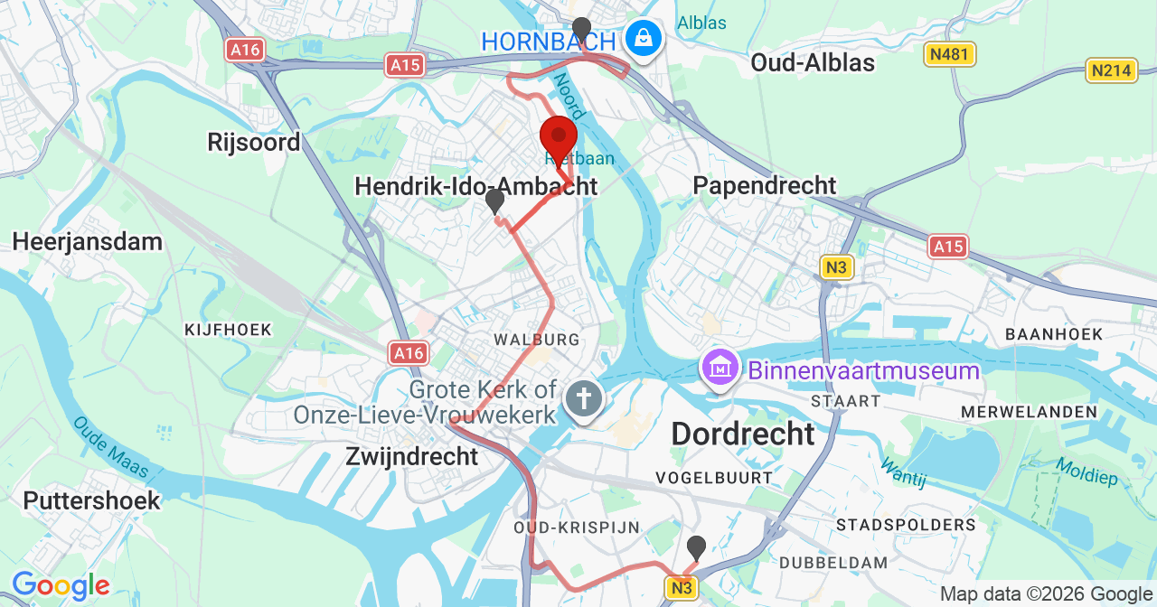 Kaart van het incident in Hendrik-Ido-Ambacht met de aanrijroutes van de gealarmeerde eenheden