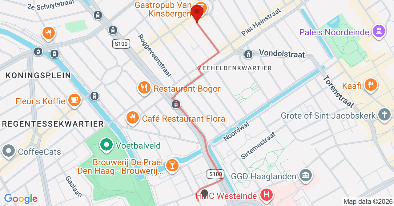 Kaart van het incident in 's-Gravenhage met de aanrijroutes van de gealarmeerde eenheden